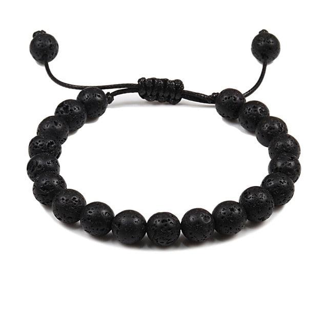 Bracelet en Pierre de Lave Noire avec Charme Couronne pour Couples