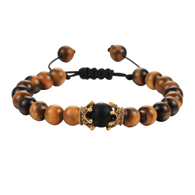 Bracelet en Pierre de Lave Noire avec Charme Couronne pour Couples