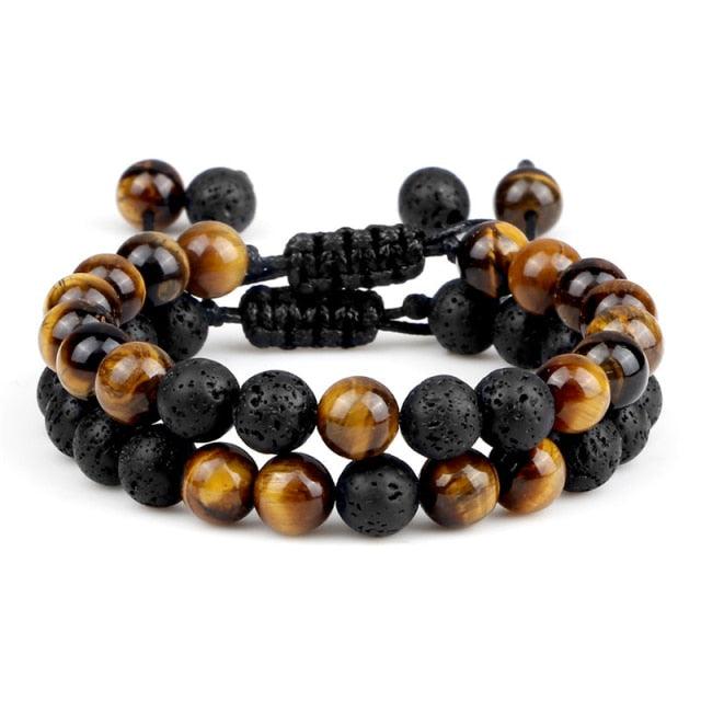Bracelet en Pierre de Lave Noire avec Charme Couronne pour Couples