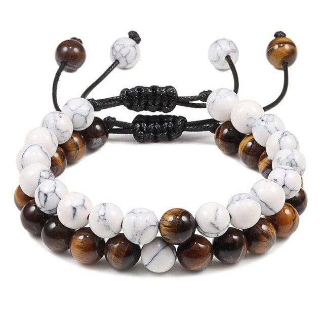 Bracelet en Pierre de Lave Noire avec Charme Couronne pour Couples