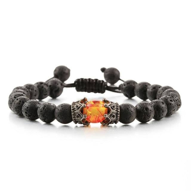 Bracelet en Pierre de Lave Noire avec Charme Couronne pour Couples