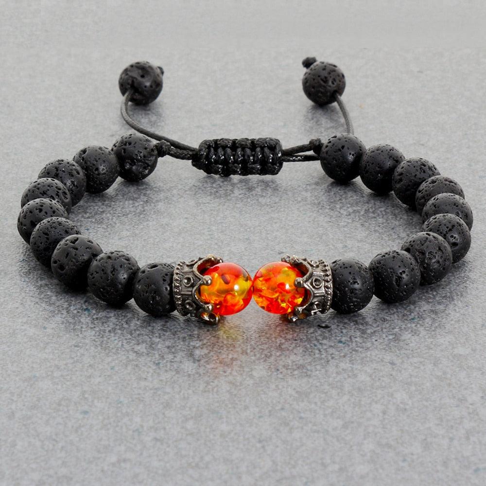 Bracelet en Pierre de Lave Noire avec Charme Couronne pour Couples