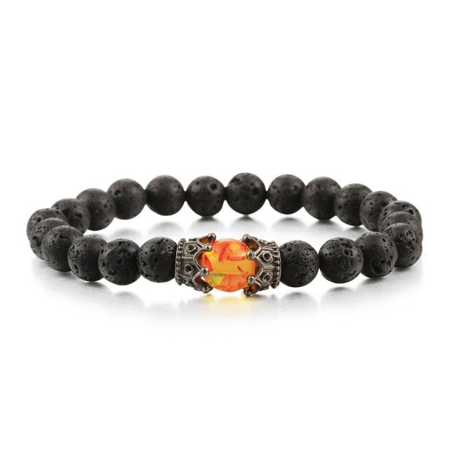 Bracelet en Pierre de Lave Noire avec Charme Couronne pour Couples