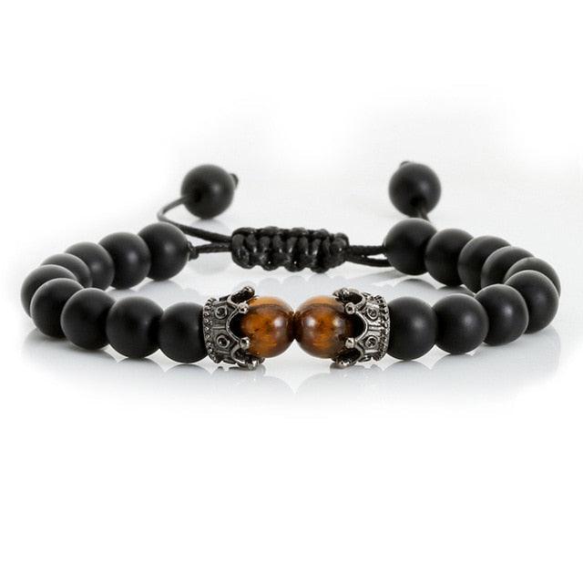 Bracelet en Pierre de Lave Noire avec Charme Couronne pour Couples