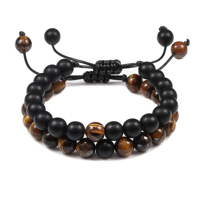 Bracelet en Pierre de Lave Noire avec Charme Couronne pour Couples
