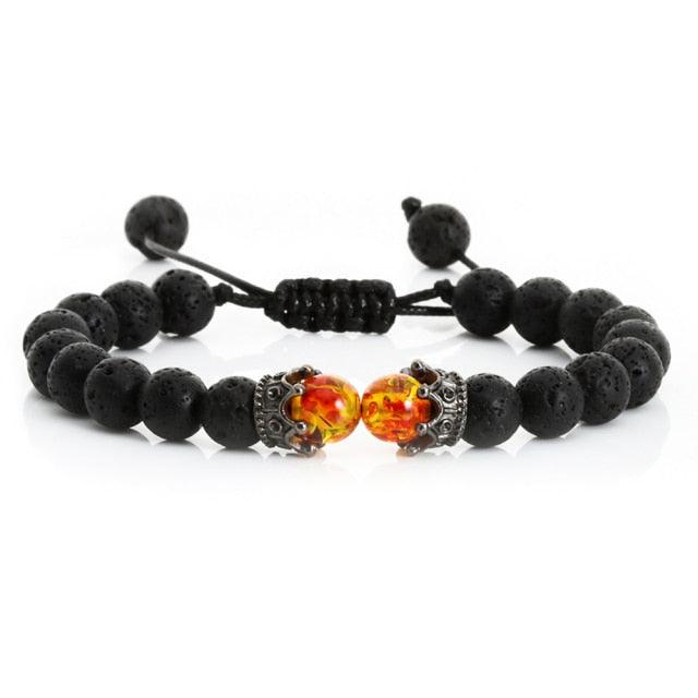 Bracelet en Pierre de Lave Noire avec Charme Couronne pour Couples