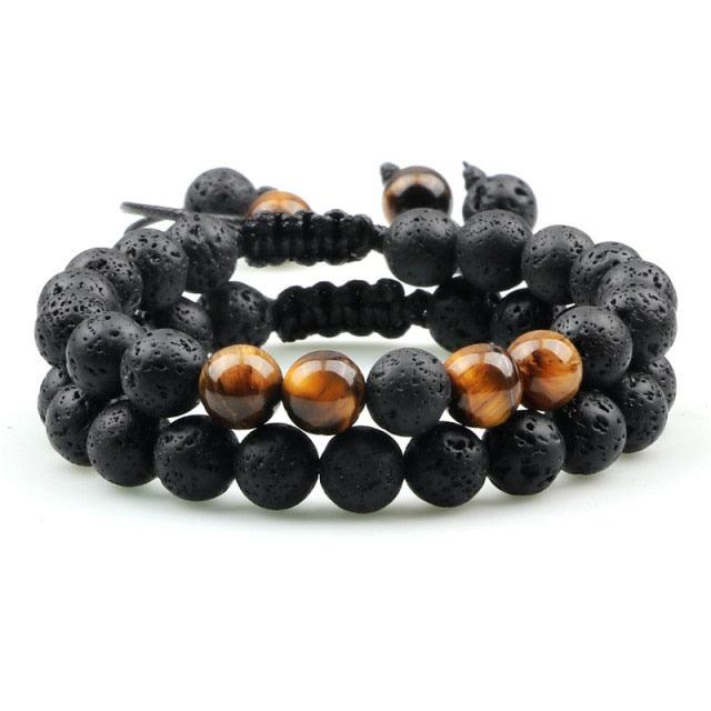 Bracelet en Pierre de Lave Noire avec Charme Couronne pour Couples
