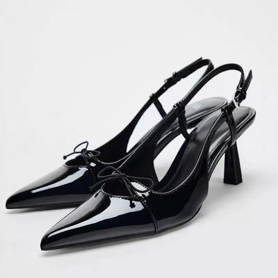 Sandales élégantes en cuir verni noir pour femmes avec nœud