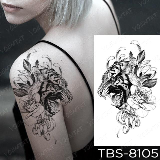 Elegant Black Sketch Flower Temporary Tattoo Sticker