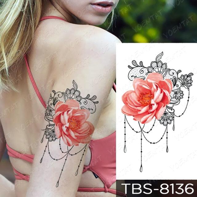 Elegant Black Sketch Flower Temporary Tattoo Sticker