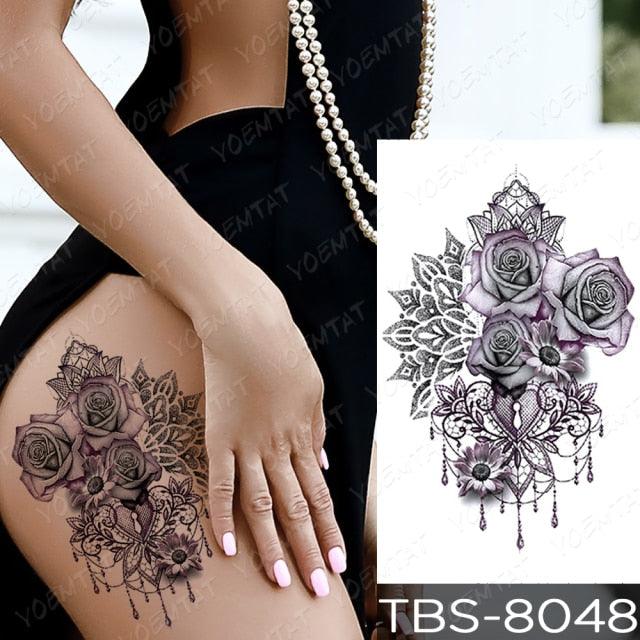 Elegant Black Sketch Flower Temporary Tattoo Sticker