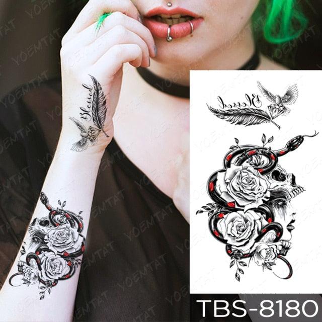 Elegant Black Sketch Flower Temporary Tattoo Sticker