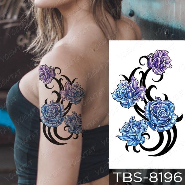 Elegant Black Sketch Flower Temporary Tattoo Sticker