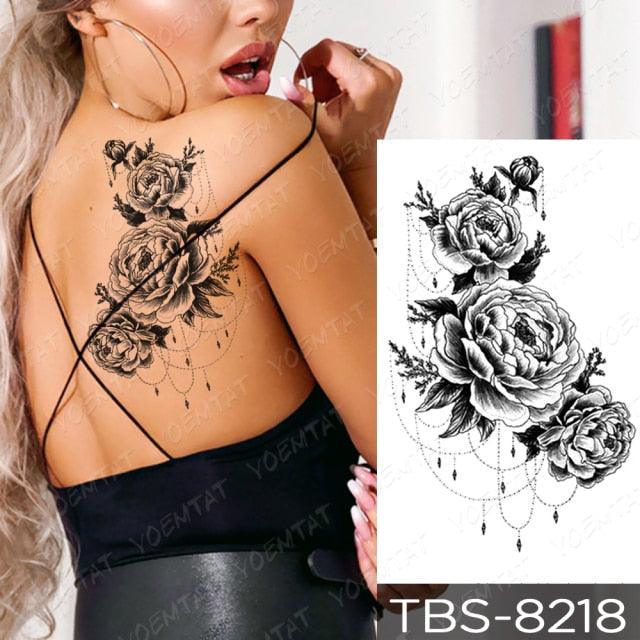 Elegant Black Sketch Flower Temporary Tattoo Sticker