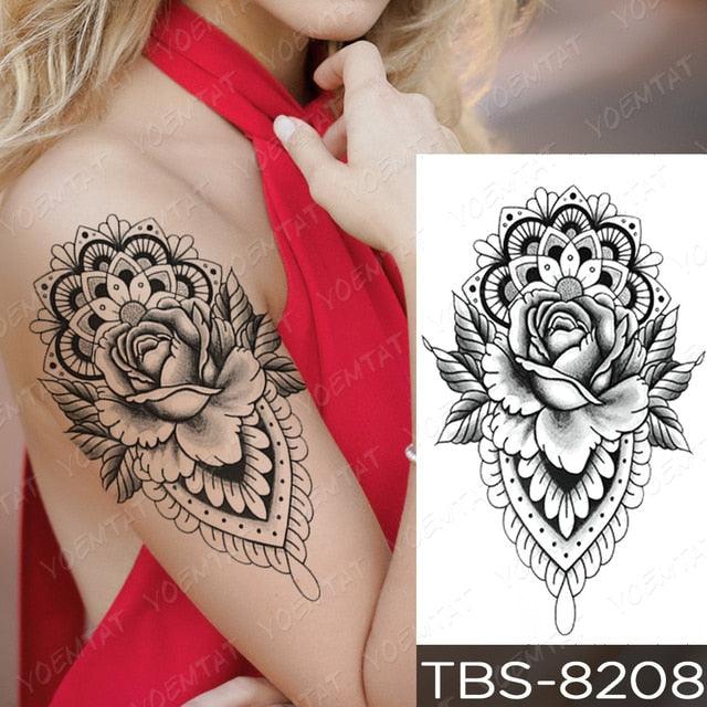 Elegant Black Sketch Flower Temporary Tattoo Sticker