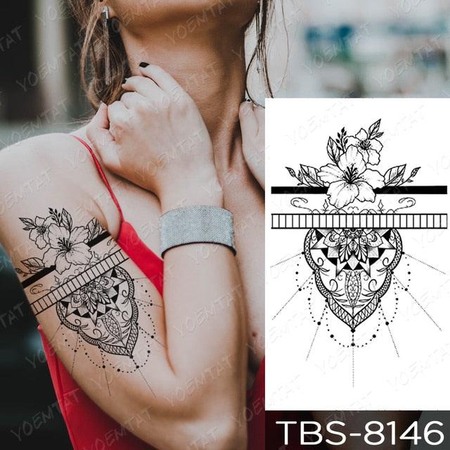 Elegant Black Sketch Flower Temporary Tattoo Sticker