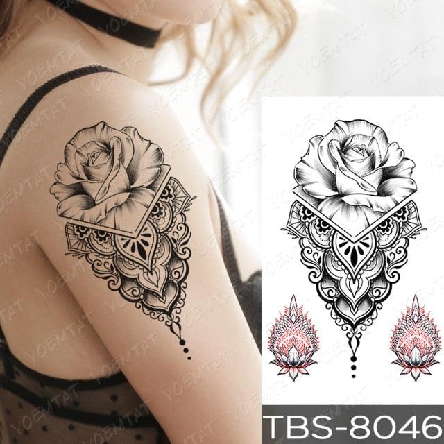 Elegant Black Sketch Flower Temporary Tattoo Sticker