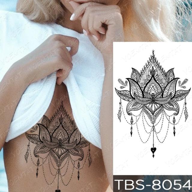 Elegant Black Sketch Flower Temporary Tattoo Sticker