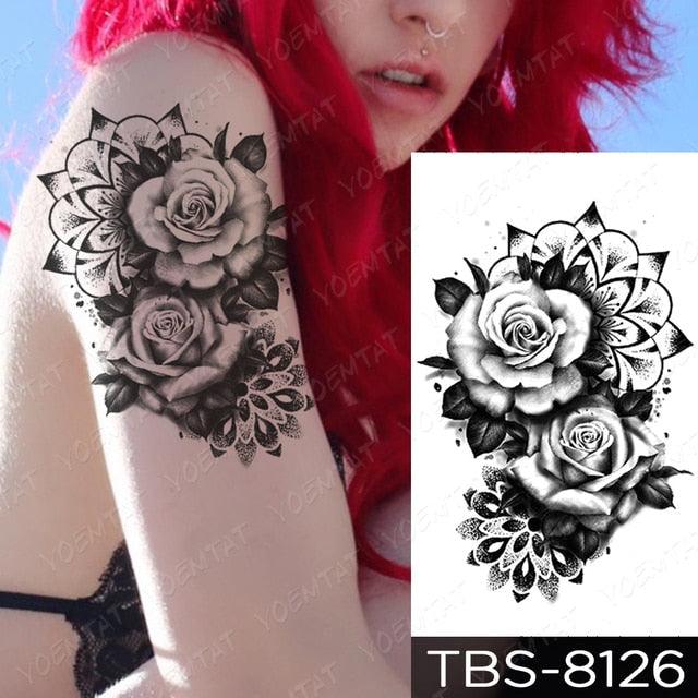 Elegant Black Sketch Flower Temporary Tattoo Sticker