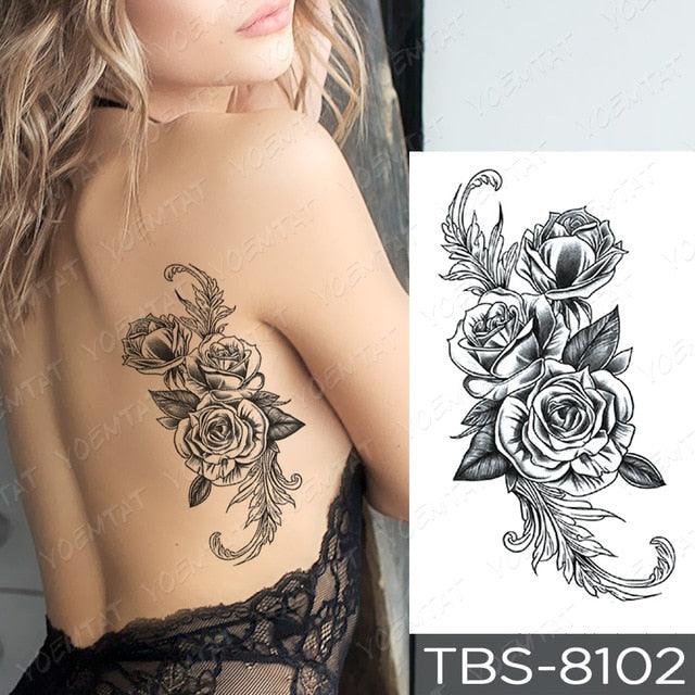 Elegant Black Sketch Flower Temporary Tattoo Sticker