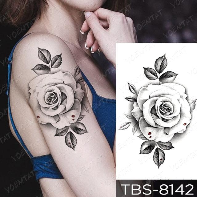 Elegant Black Sketch Flower Temporary Tattoo Sticker