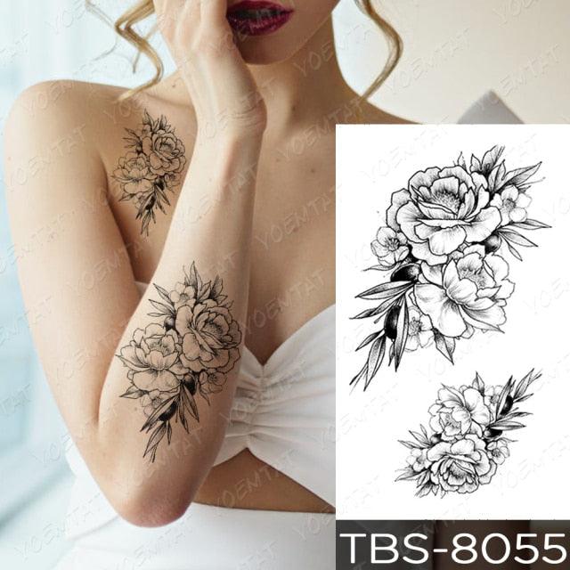 Elegant Black Sketch Flower Temporary Tattoo Sticker