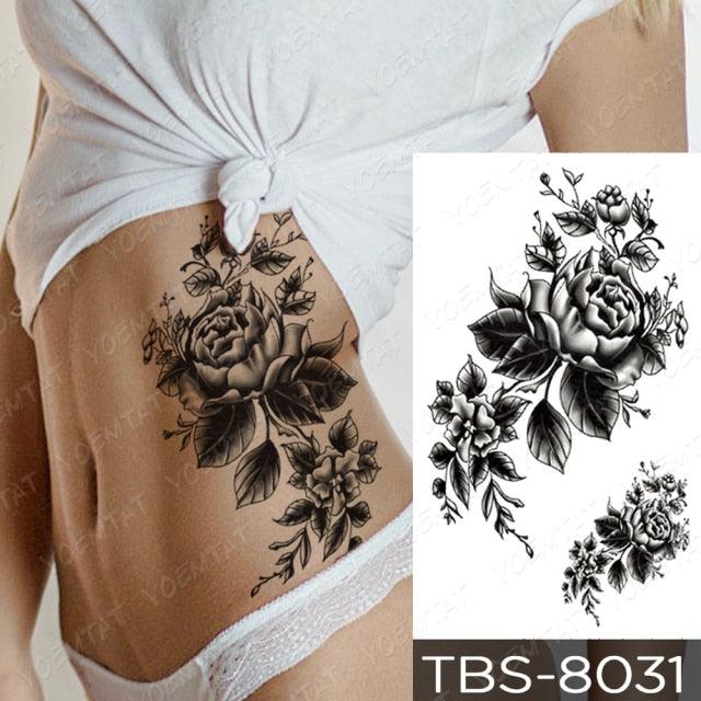 Elegant Black Sketch Flower Temporary Tattoo Sticker