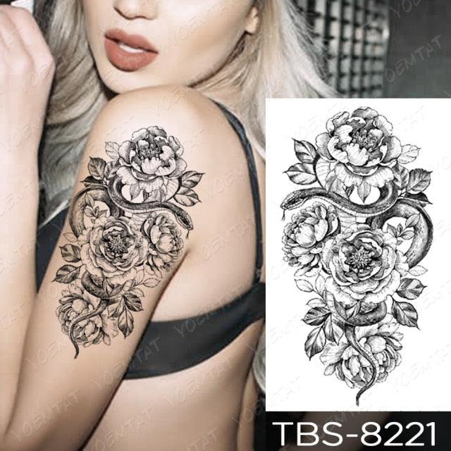 Elegant Black Sketch Flower Temporary Tattoo Sticker