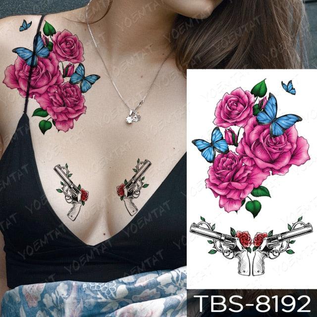 Elegant Black Sketch Flower Temporary Tattoo Sticker