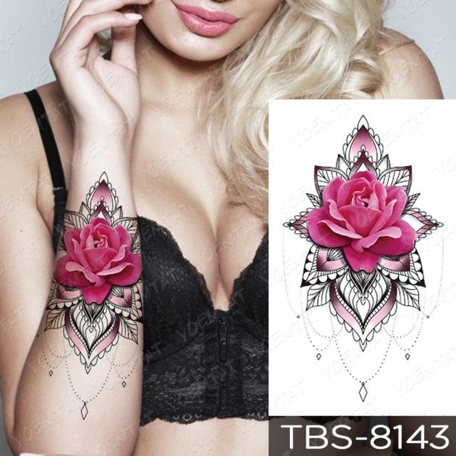 Elegant Black Sketch Flower Temporary Tattoo Sticker