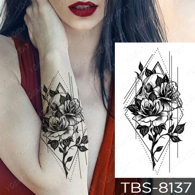 Elegant Black Sketch Flower Temporary Tattoo Sticker