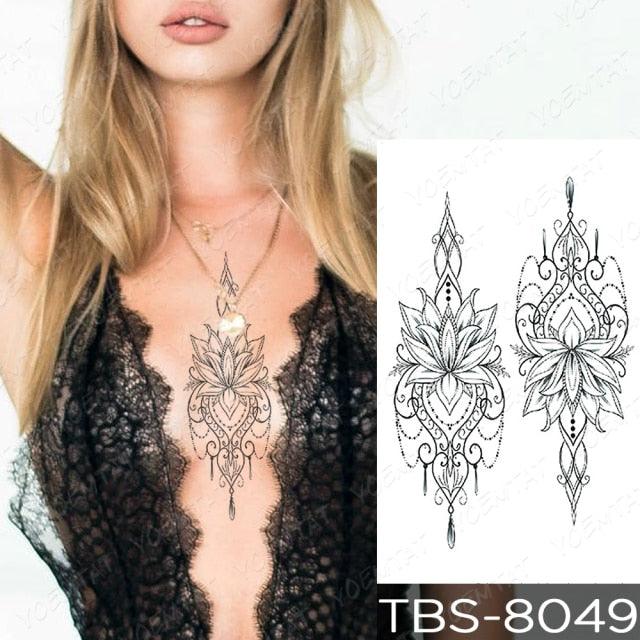 Elegant Black Sketch Flower Temporary Tattoo Sticker