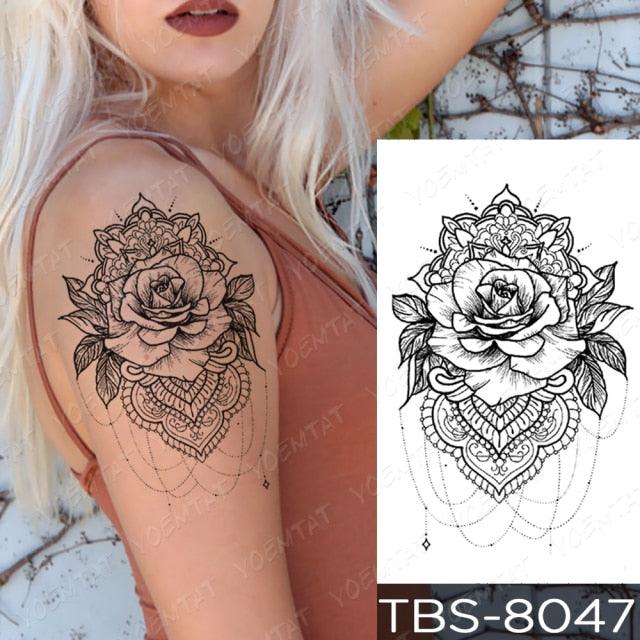 Elegant Black Sketch Flower Temporary Tattoo Sticker