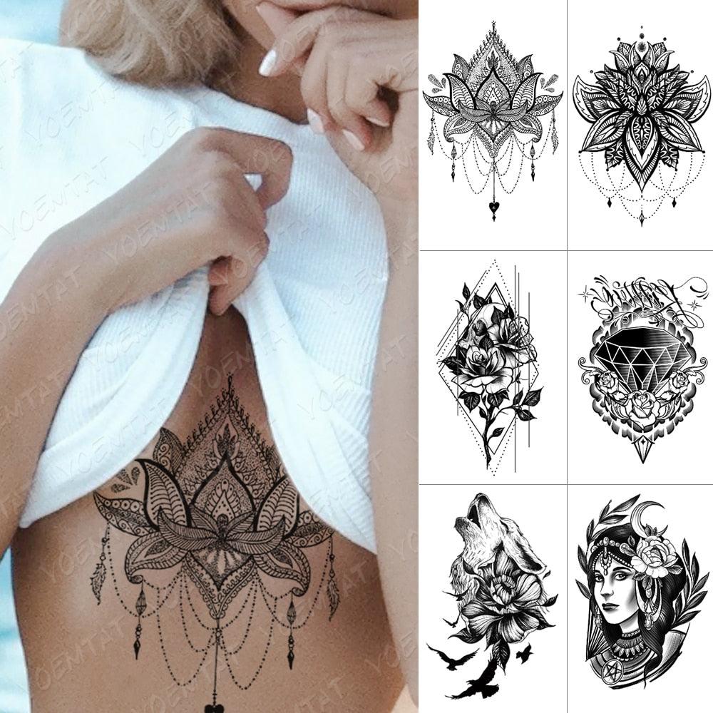 Elegant Black Sketch Flower Temporary Tattoo Sticker