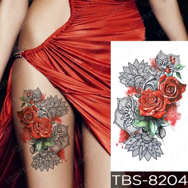 Elegant Black Sketch Flower Temporary Tattoo Sticker