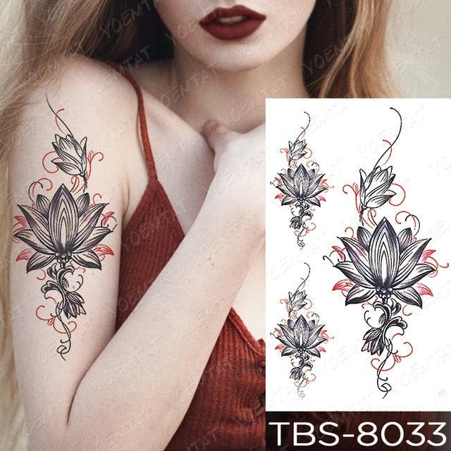 Elegant Black Sketch Flower Temporary Tattoo Sticker