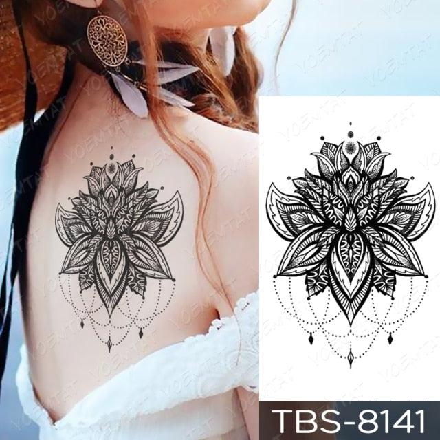 Elegant Black Sketch Flower Temporary Tattoo Sticker