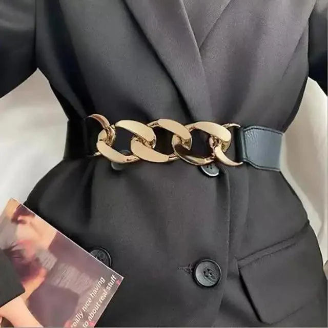 Elegant Black Vintage Ladies Dress Belt with Chain Buckle