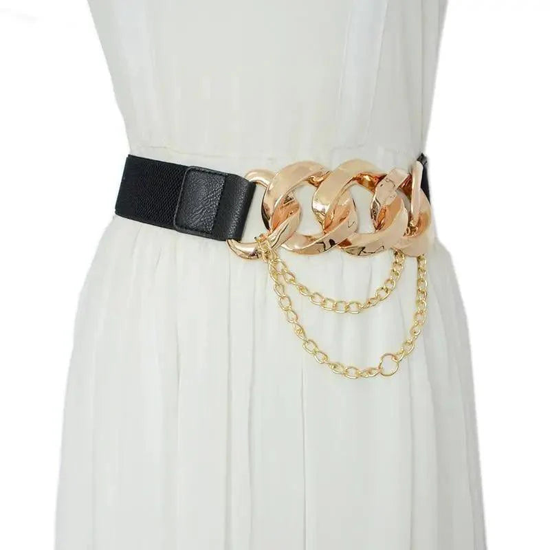 Elegant Black Vintage Ladies Dress Belt with Chain Buckle