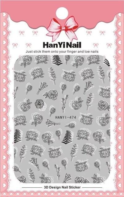 Autocollants Décoratifs pour Ongles 3D Élégants Noir et Blanc - 8 Feuilles