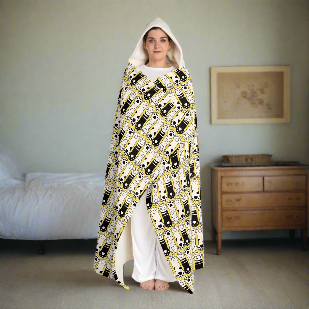 Black/White Paws Hooded Sherpa Fleece Blanket