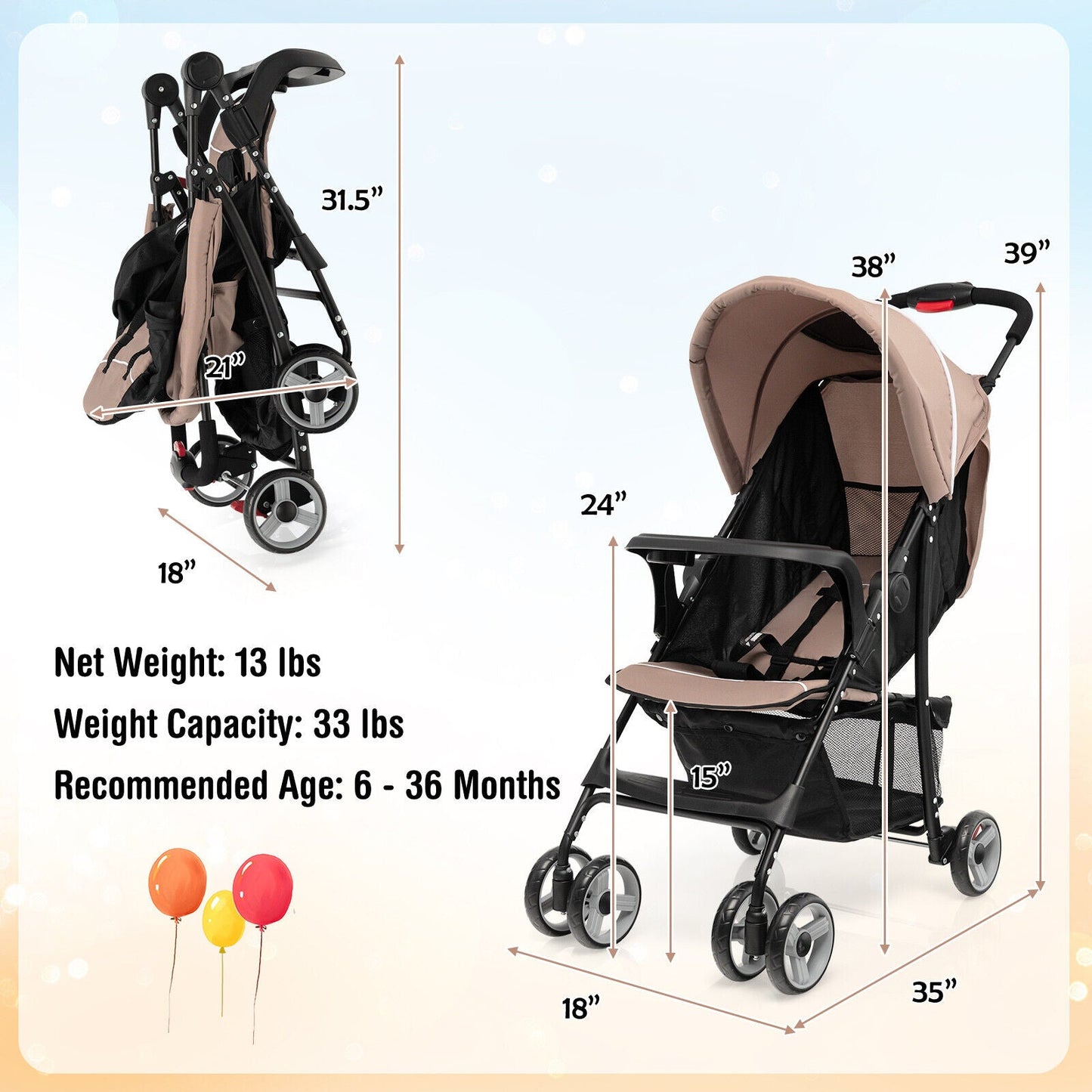Carrito de Viaje Premium para Niños Pequeños con Capota - Café