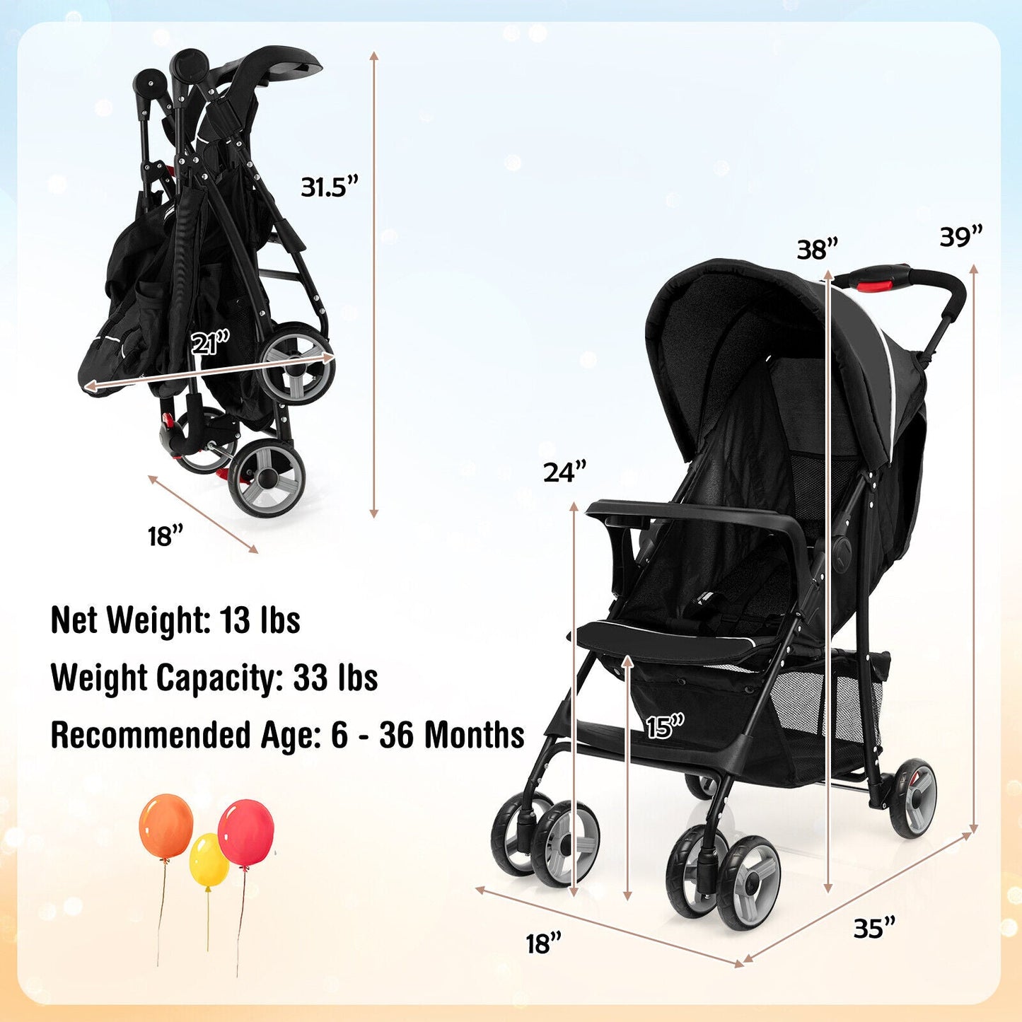 Carrito de Viaje Premium para Niños Pequeños con Capota - Negro