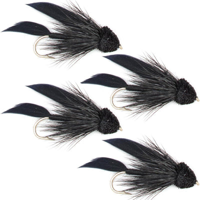 Premium Black Muddler Minnow Fly Fishing Flies - Classic Streamers - Set of 4 (Size 6) - Korvel