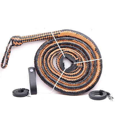 Premium Tan & Black Leather Cattle Whip by KBS Knives (4ft–16ft) - Korvel