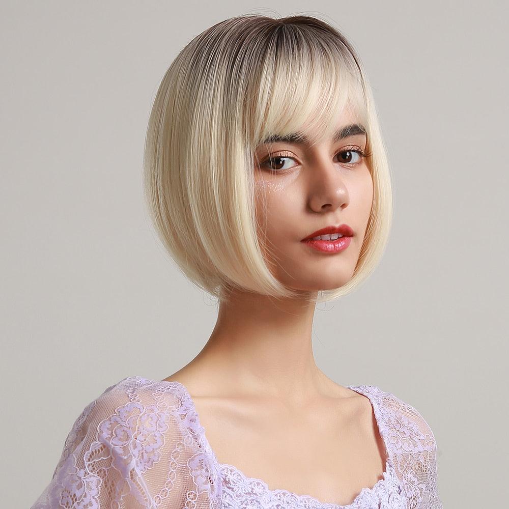 Perruque synthétique blonde ombrée bob pour femmes - Résistante à la chaleur