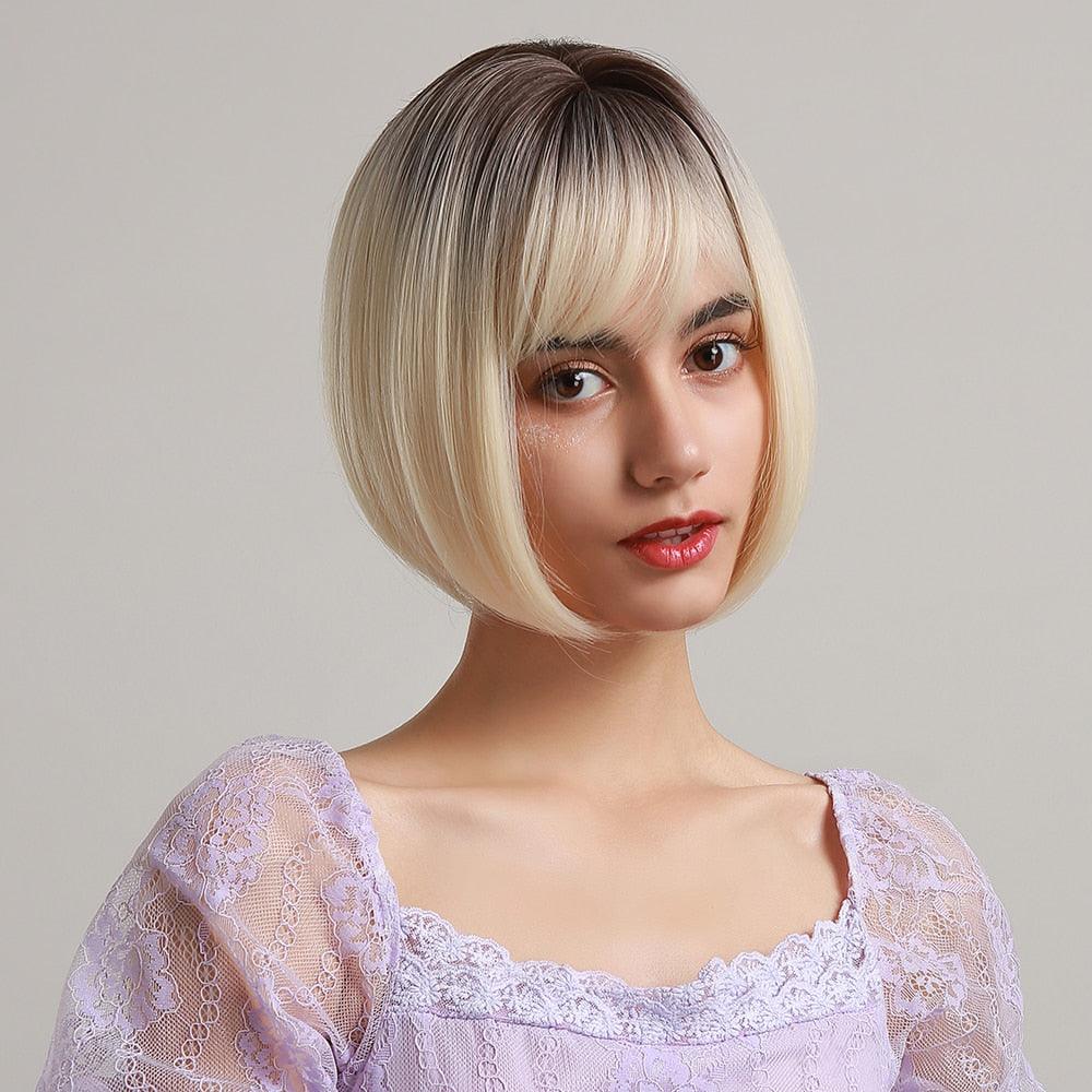 Perruque synthétique blonde ombrée bob pour femmes - Résistante à la chaleur