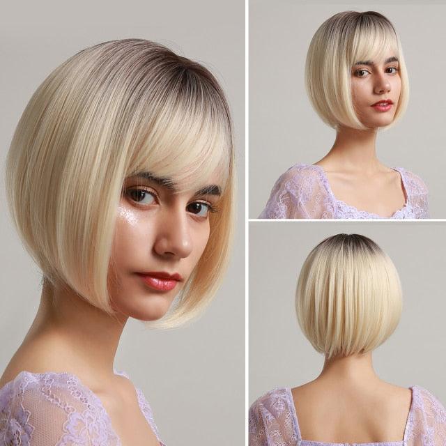 Perruque synthétique blonde ombrée bob pour femmes - Résistante à la chaleur