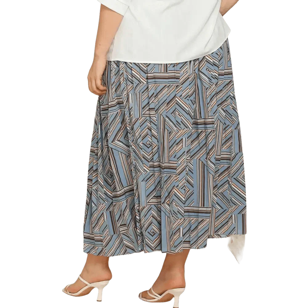 Blue Geometric Pleated Skirt in Deep Teal
