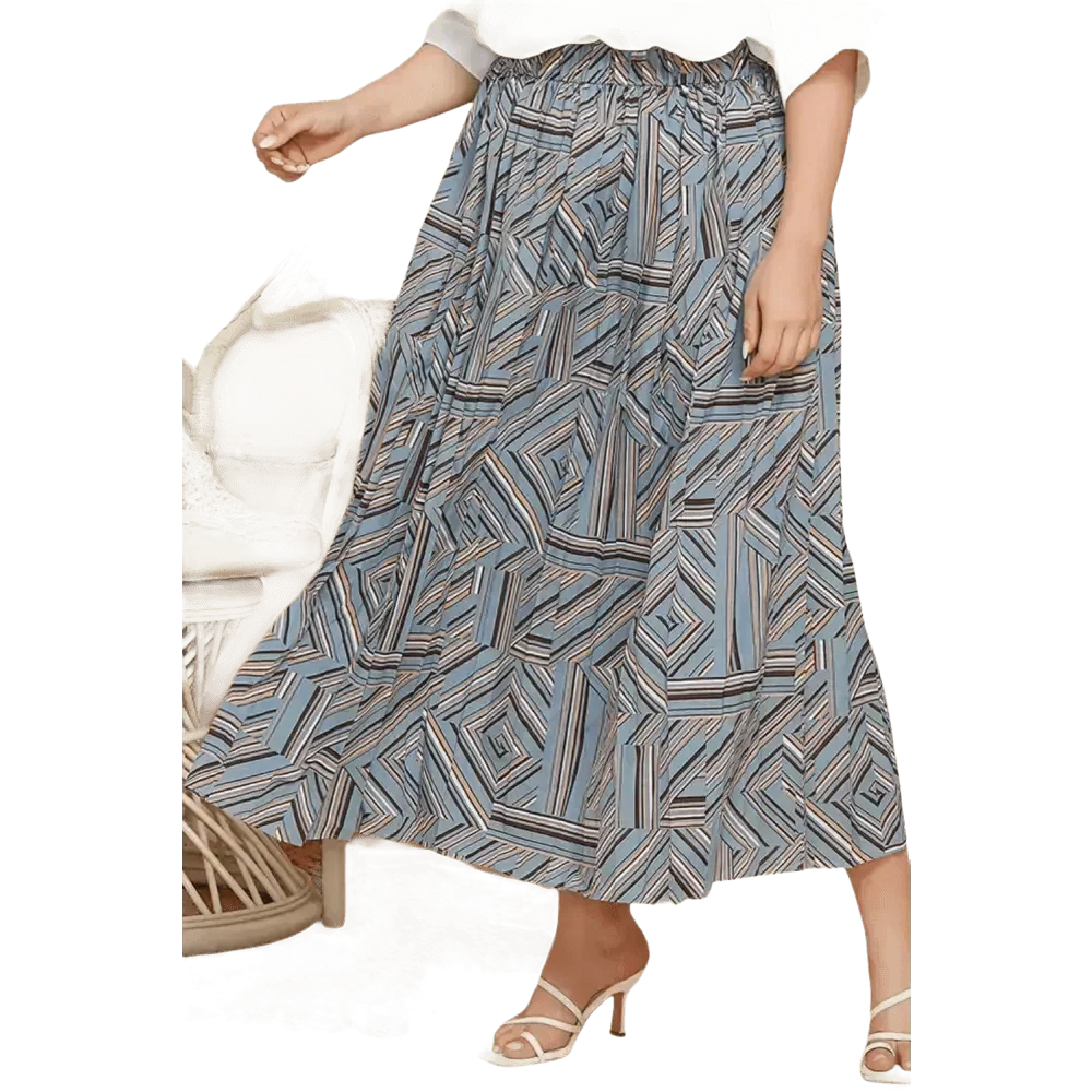 Blue Geometric Pleated Skirt in Deep Teal